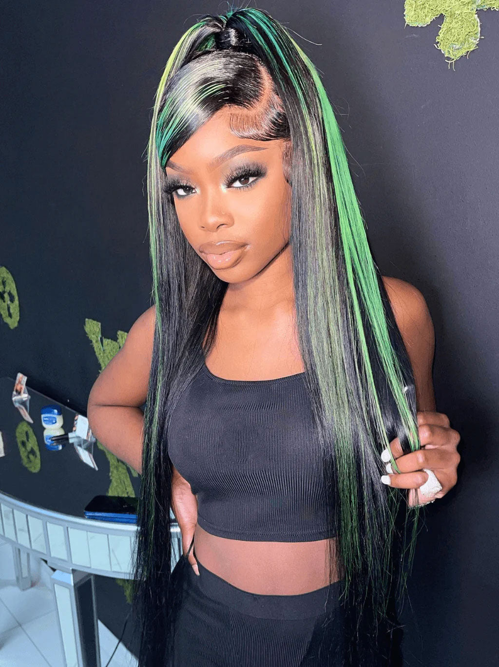 Customized Black with Green Highlight Color Lace Frontal Wig Straight Human Hair