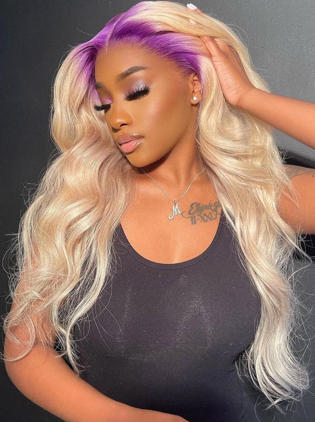 Best Beauty Hair Customized 613 Blonde Color Lace Frontal Wig with Lavender Purple Roots Human Hair