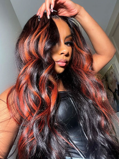 Best Beauty Customized Ginger Orange on Black Highlight Color Lace Frontal Wig Human Hair