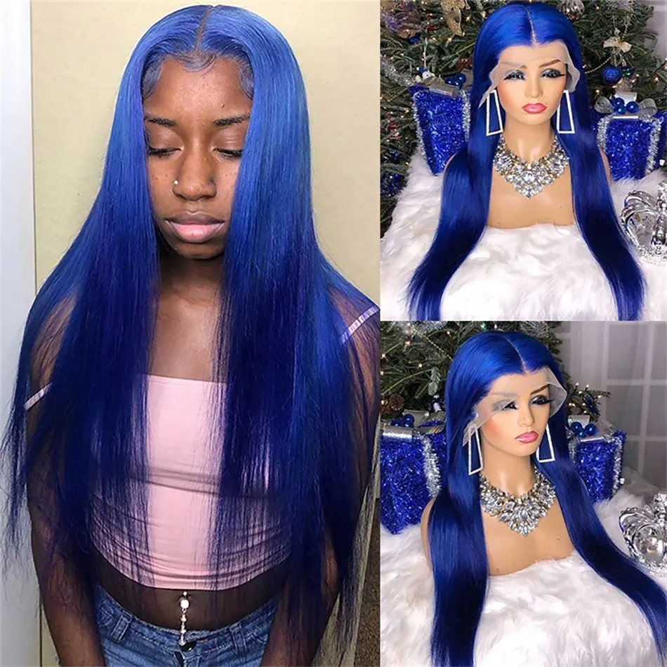 Best Beauty Hair Blue Color 13x4 Lace Frontal Wig Human Hair Silky Straight