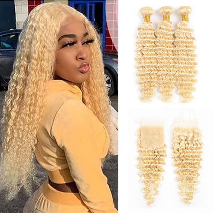 Best Beauty Hair Bundles with Closure Honey Blonde #613 Deep Wave Human Hair