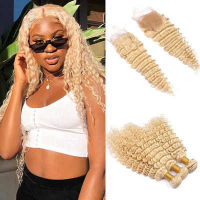 Best Beauty Hair Bundles with Closure Honey Blonde #613 Deep Wave Human Hair