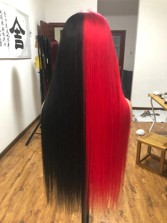 Best Beauty Hair Customized Half Black and Half Red 5x5 Lace Closure Wig