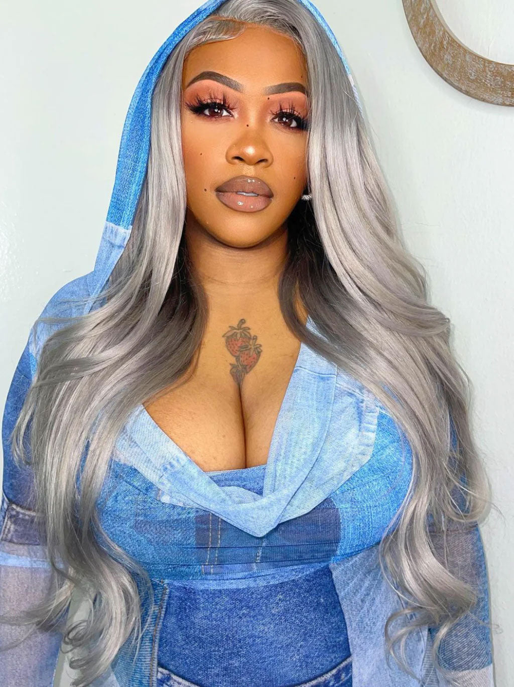 Best Beauty Hair Gray Color Lace Frontal Wig Pre Plucked Body Wave Human Hair