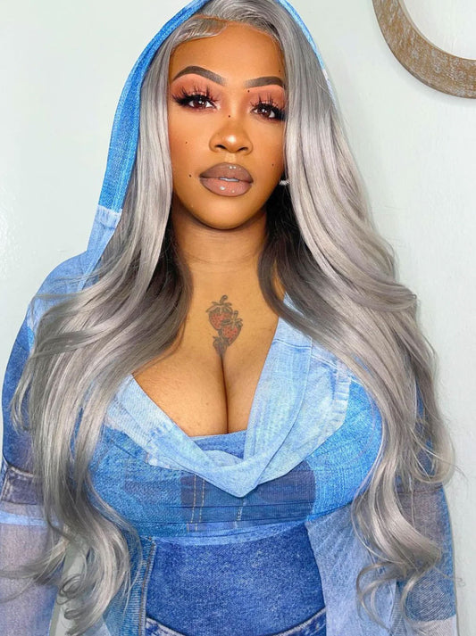 Best Beauty Hair Gray Color Lace Frontal Wig Pre Plucked Body Wave Human Hair