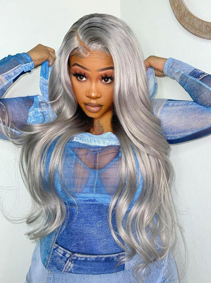 Best Beauty Hair Gray Color Lace Frontal Wig Pre Plucked Body Wave Human Hair