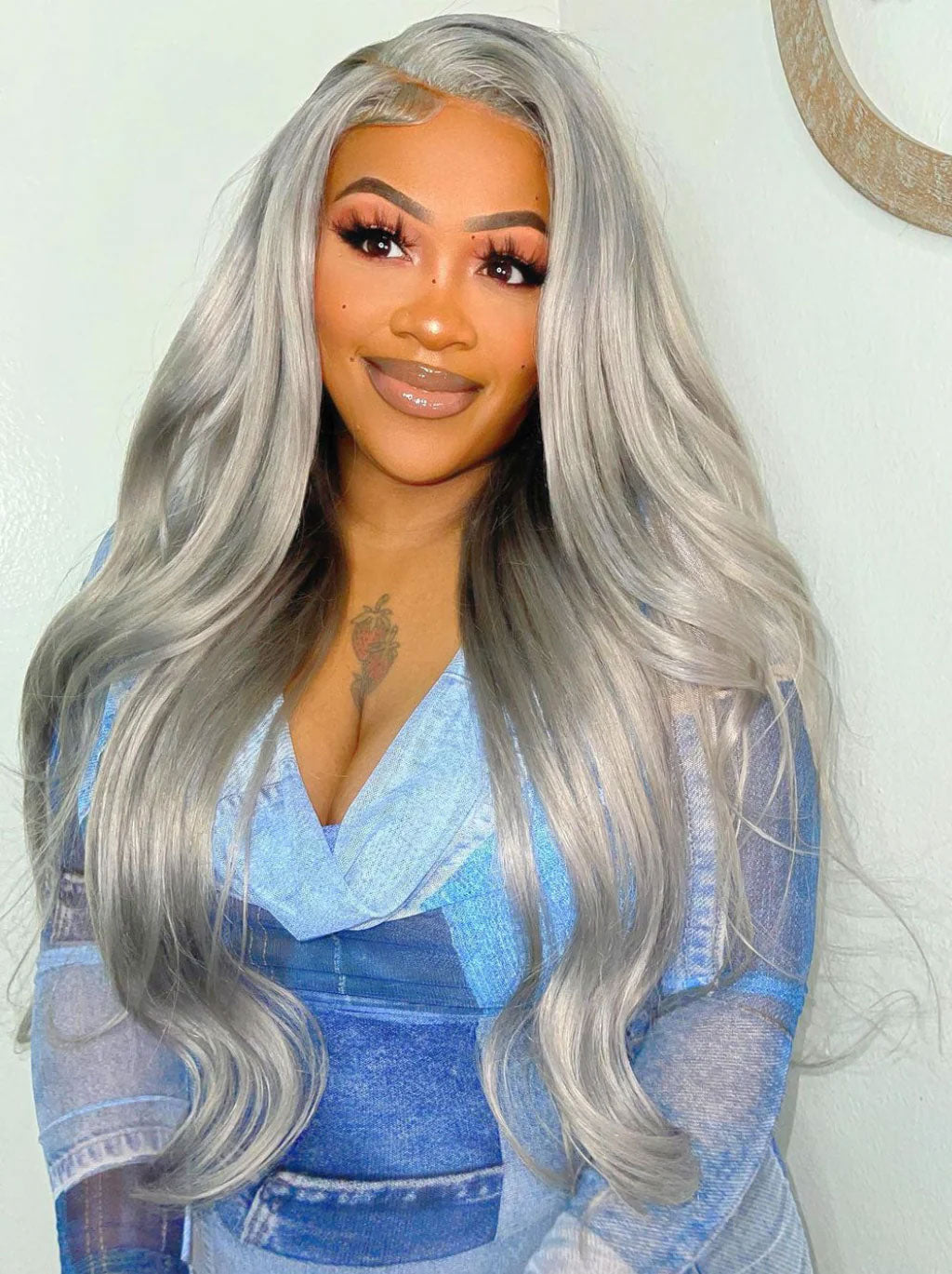 Best Beauty Hair Gray Color Lace Frontal Wig Pre Plucked Body Wave Human Hair