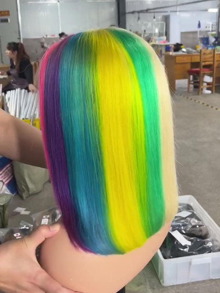 Best Beauty Hair Half Rainbow Color Half Honey Blonde Lace Frontal Wig Human Hair
