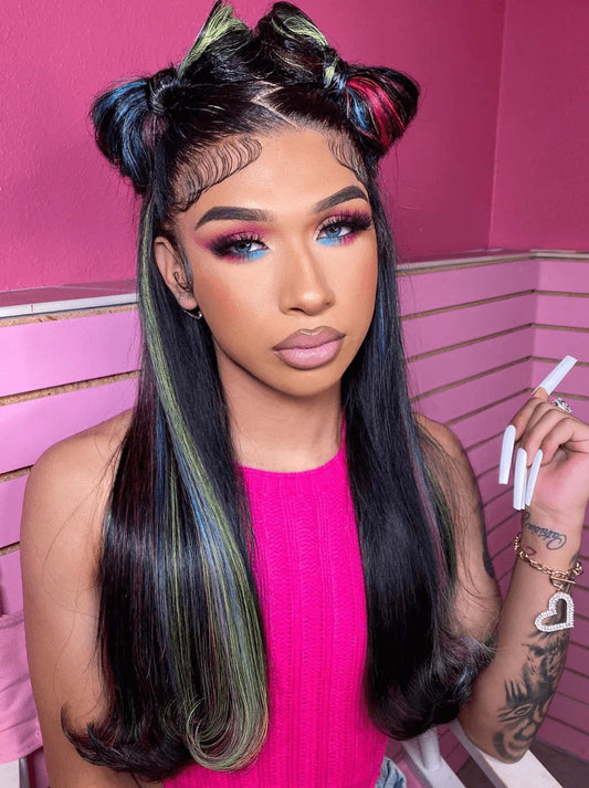 Customize Green Blue Purple Red Yellow Highlights Color Lace Frontal Wig Human Hair