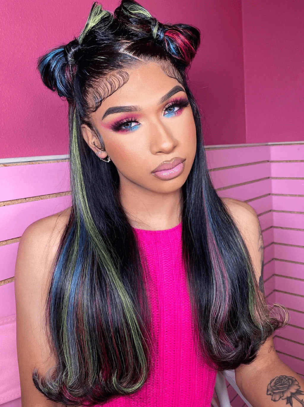 Customize Green Blue Purple Red Yellow Highlights Color Lace Frontal Wig Human Hair