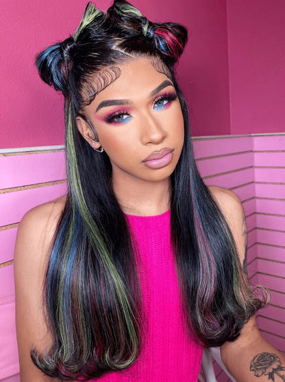 Customize Green Blue Purple Red Yellow Highlights Color Lace Frontal Wig Human Hair