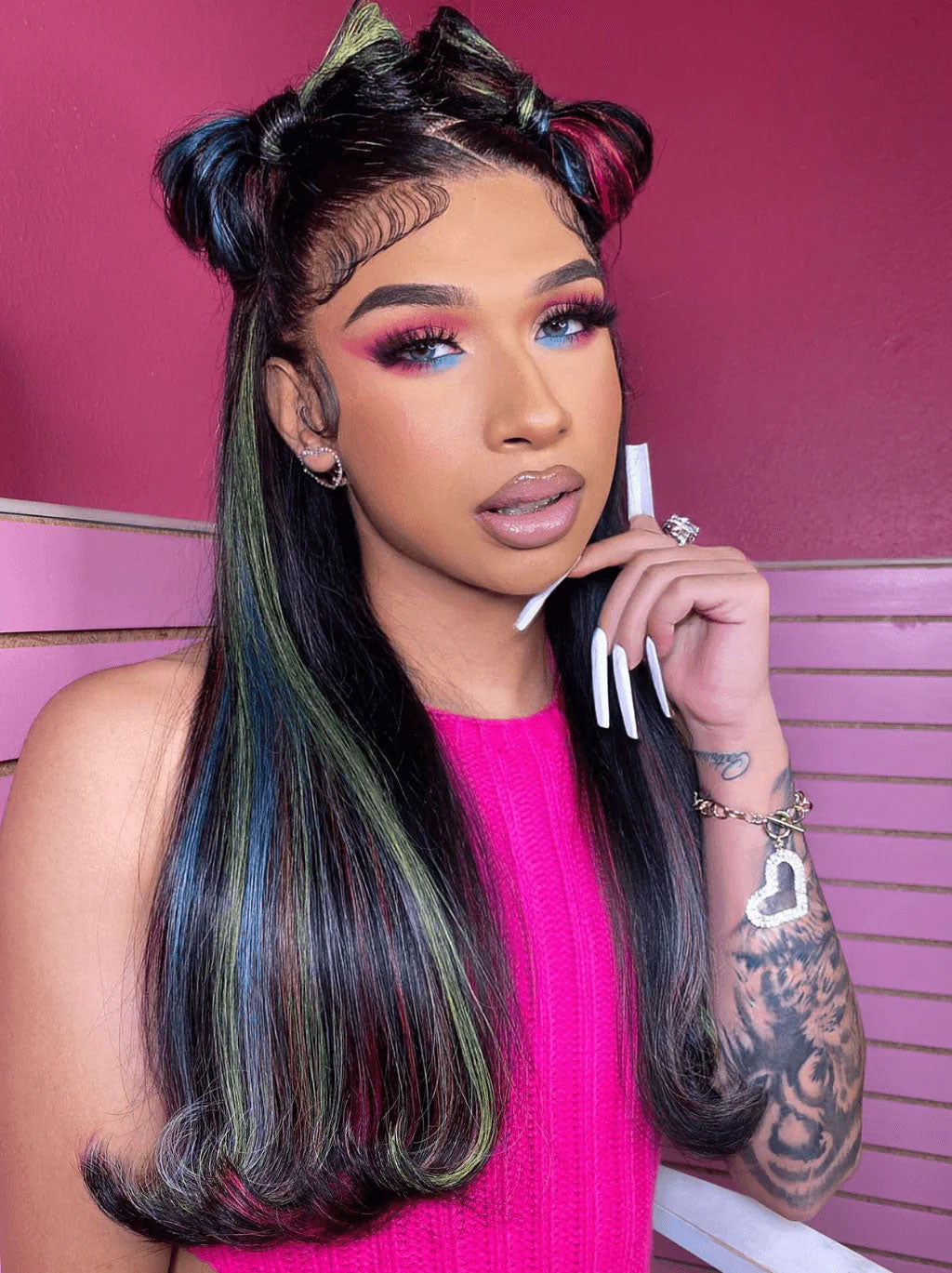 Customize Green Blue Purple Red Yellow Highlights Color Lace Frontal Wig Human Hair