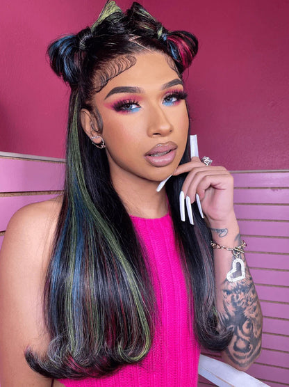 Customize Green Blue Purple Red Yellow Highlights Color Lace Frontal Wig Human Hair