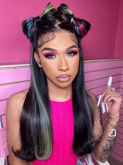 Customize Green Blue Purple Red Yellow Highlights Color Lace Frontal Wig Human Hair