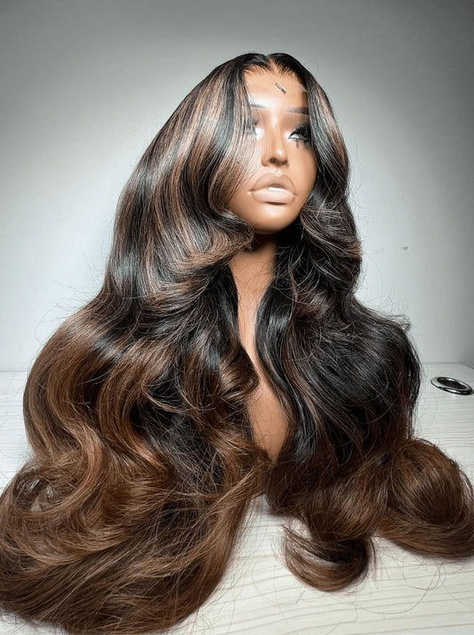 Customized Black with Brown Highlight Color Lace Frontal Wig Body Wave Human Hair
