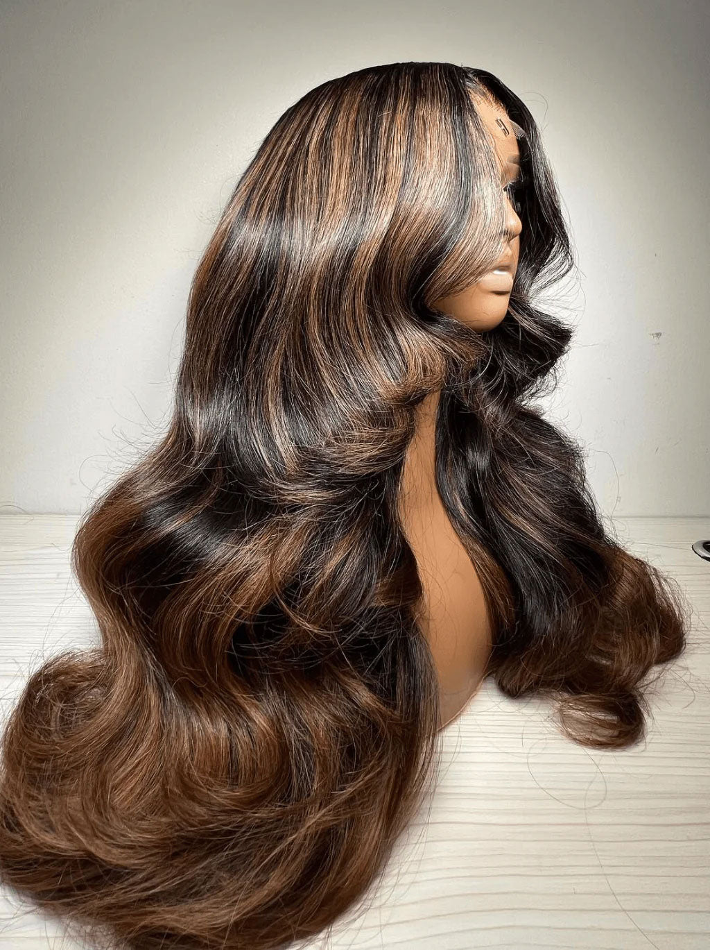 Customized Black with Brown Highlight Color Lace Frontal Wig Body Wave Human Hair