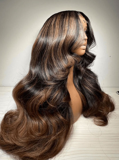 Customized Black with Brown Highlight Color Lace Frontal Wig Body Wave Human Hair