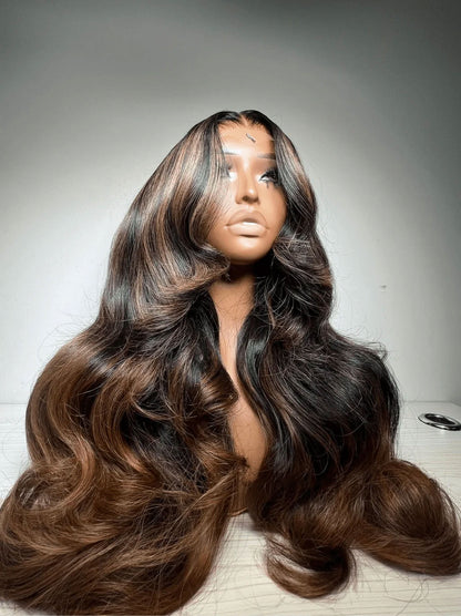 Customized Black with Brown Highlight Color Lace Frontal Wig Body Wave Human Hair