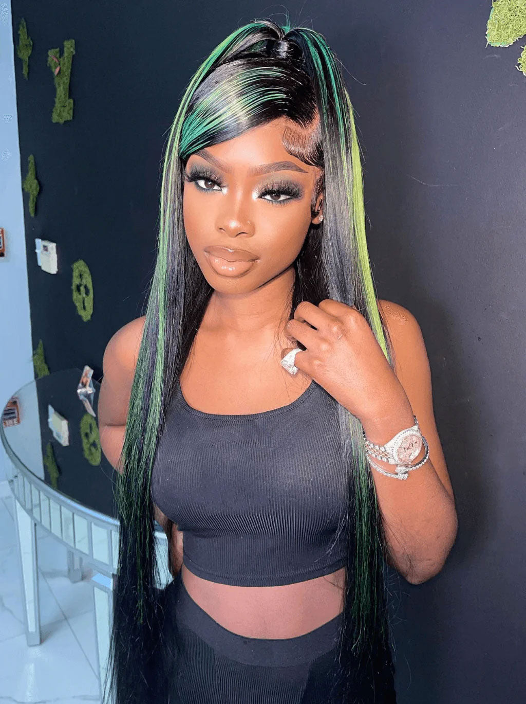 Customized Black with Green Highlight Color Lace Frontal Wig Straight Human Hair