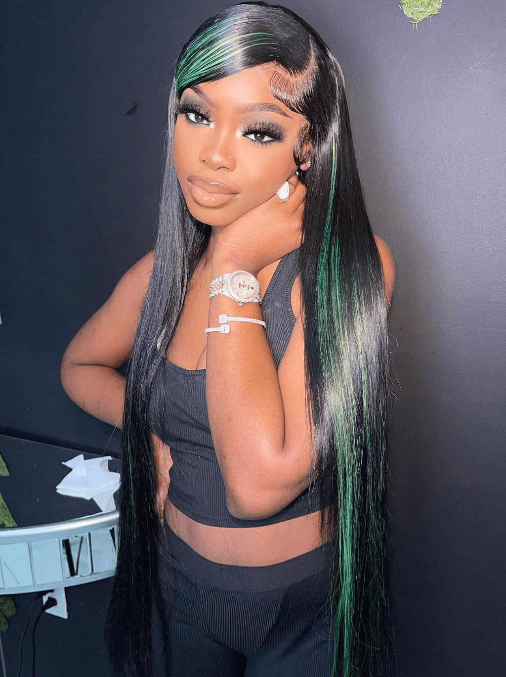 Customized Black with Green Highlight Color Lace Frontal Wig Straight Human Hair