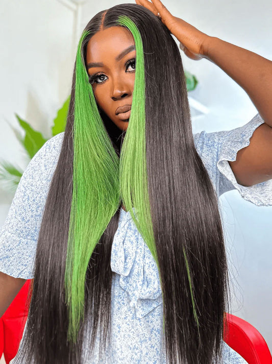 Customized Black with Green Skunk Stripe Highlight Human Hair Lace Frontal Wig Straight