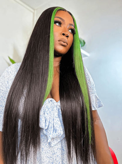 Customized Black with Green Skunk Stripe Highlight Human Hair Lace Frontal Wig Straight