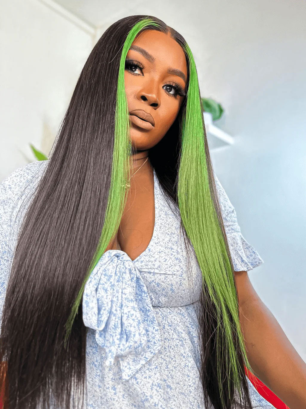Customized Black with Green Skunk Stripe Highlight Human Hair Lace Frontal Wig Straight