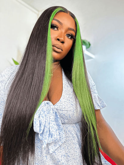 Customized Black with Green Skunk Stripe Highlight Human Hair Lace Frontal Wig Straight
