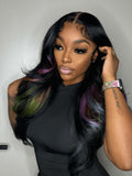 Best Beauty Hair Customized Black with Purple Green Blue Highlight Color Lace Frontal Wig Human Hair
