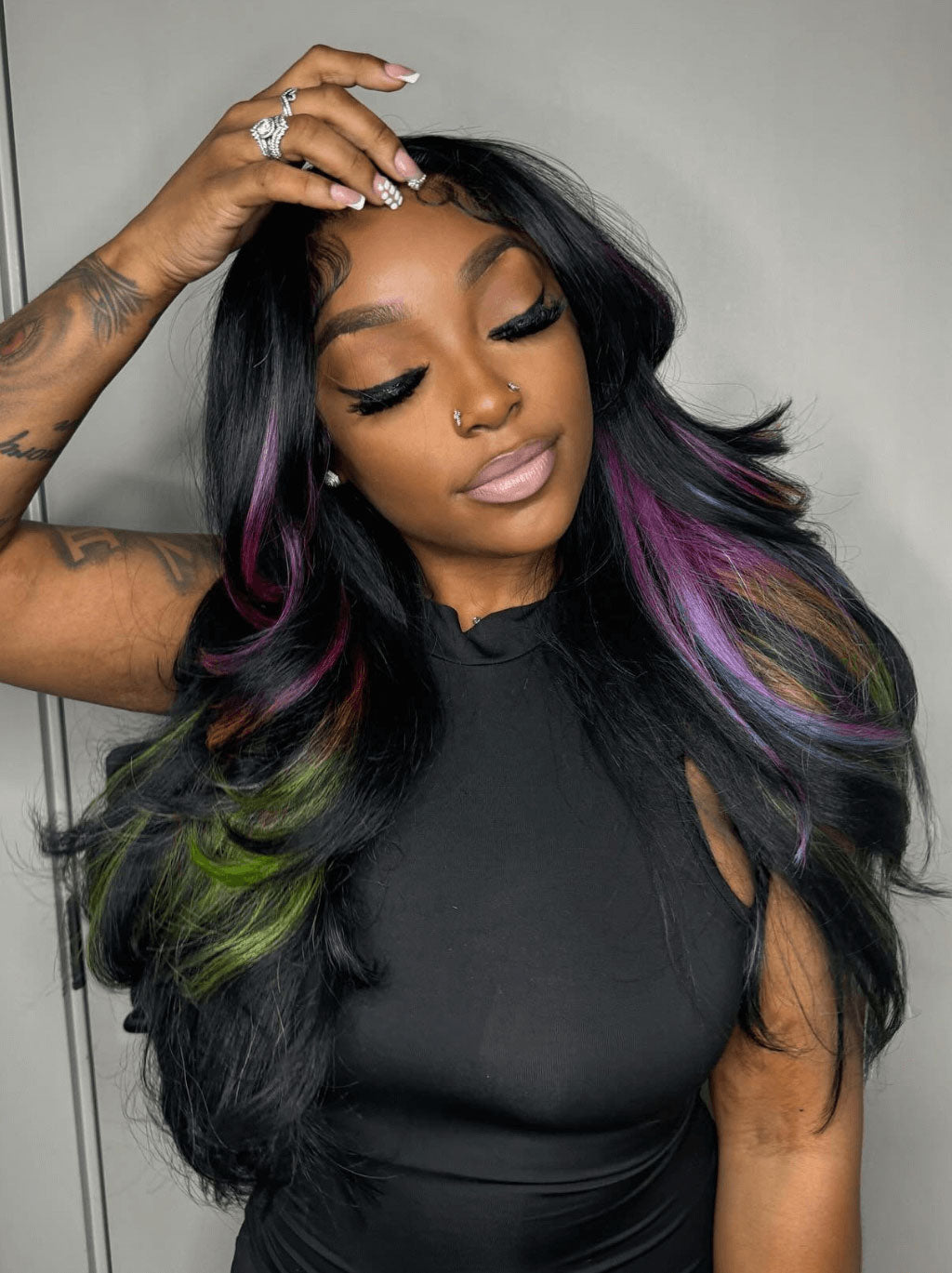 Best Beauty Hair Customized Black with Purple Green Blue Highlight Color Lace Frontal Wig Human Hair