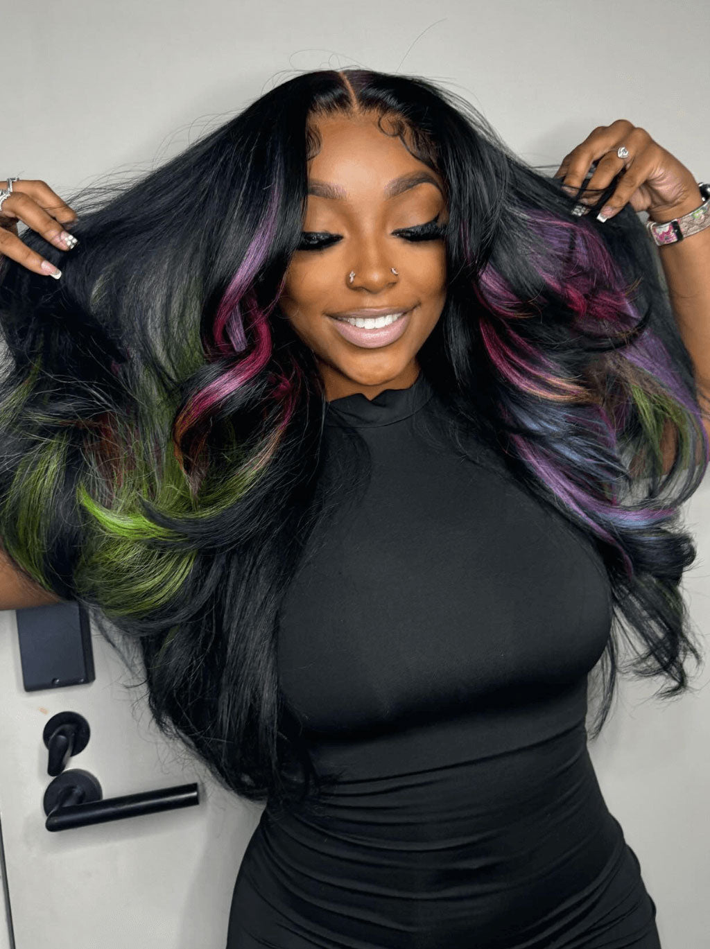 Best Beauty Hair Customized Black with Purple Green Blue Highlight Color Lace Frontal Wig Human Hair