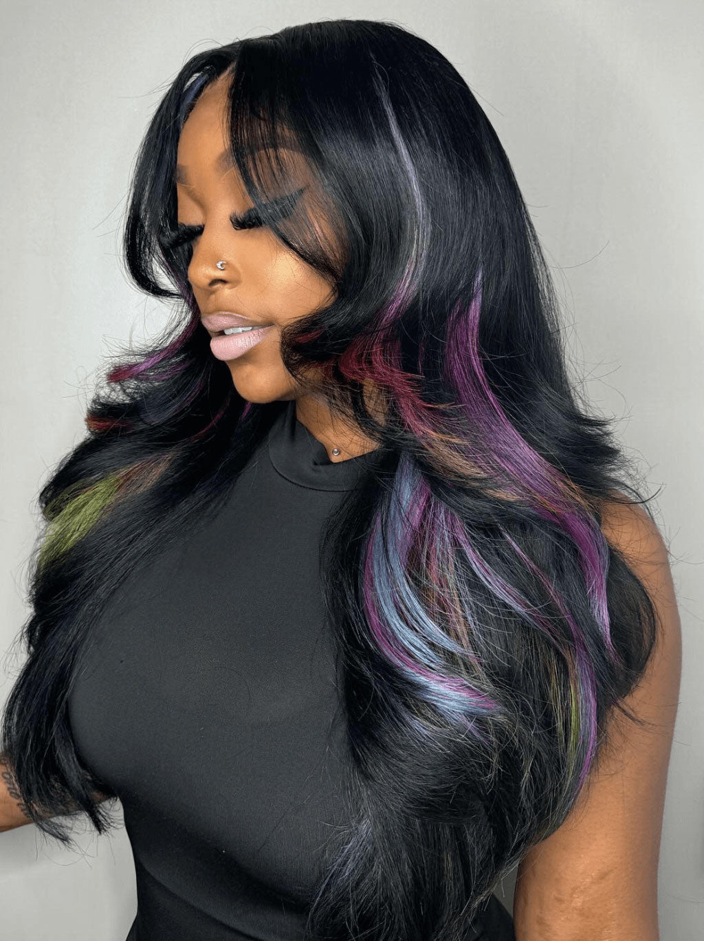 Best Beauty Hair Customized Black with Purple Green Blue Highlight Color Lace Frontal Wig Human Hair