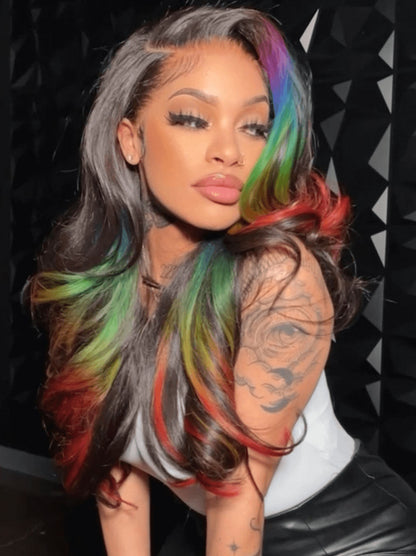 Customized Black with Purple Green Blue Red Multi Color Lace Frontal Wig Human Hair