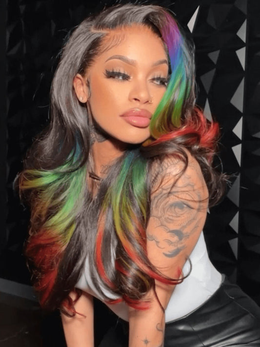 Customized Black with Purple Green Blue Red Multi Color Lace Frontal Wig Human Hair