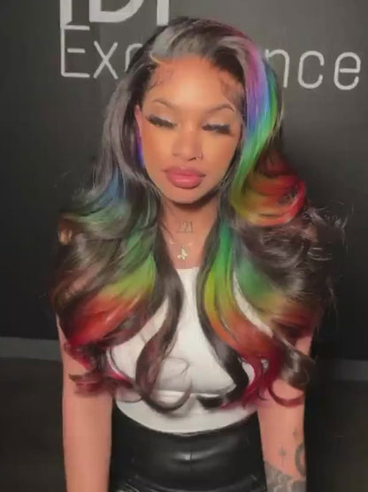 Customized Black with Purple Green Blue Red Multi Color Lace Frontal Wig Human Hair