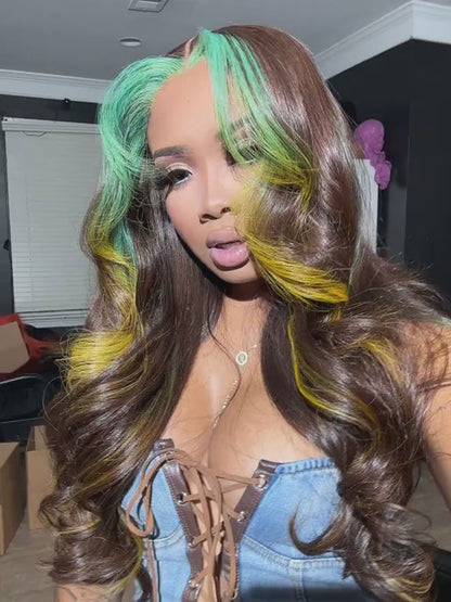 Customized Chocolate Brown with Blue Yellow Skunk Stripe Lace Frontal Wig Human Hair