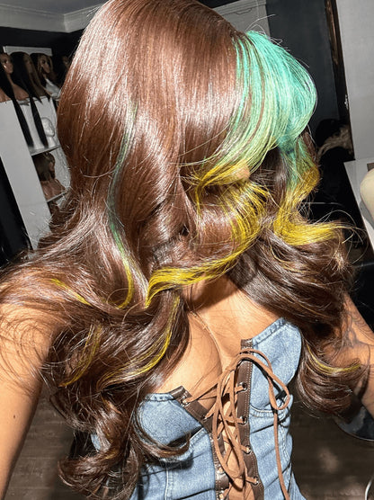 Customized Chocolate Brown with Blue Yellow Skunk Stripe Lace Frontal Wig Human Hair