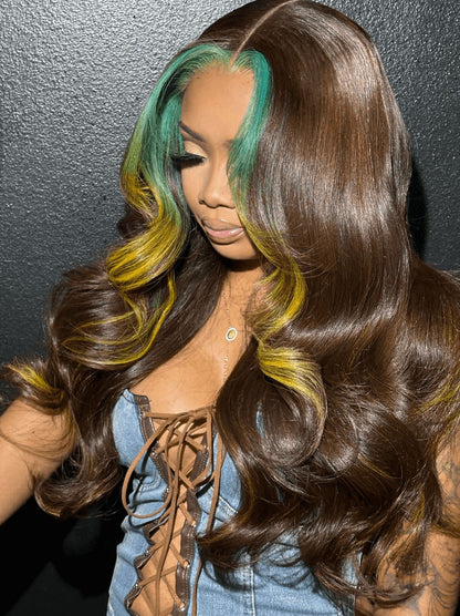 Customized Chocolate Brown with Blue Yellow Skunk Stripe Lace Frontal Wig Human Hair