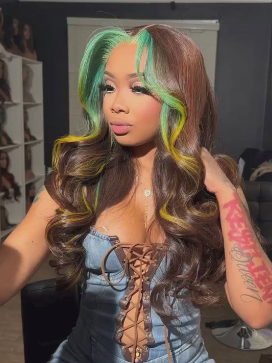 Customized Chocolate Brown with Blue Yellow Skunk Stripe Lace Frontal Wig Human Hair