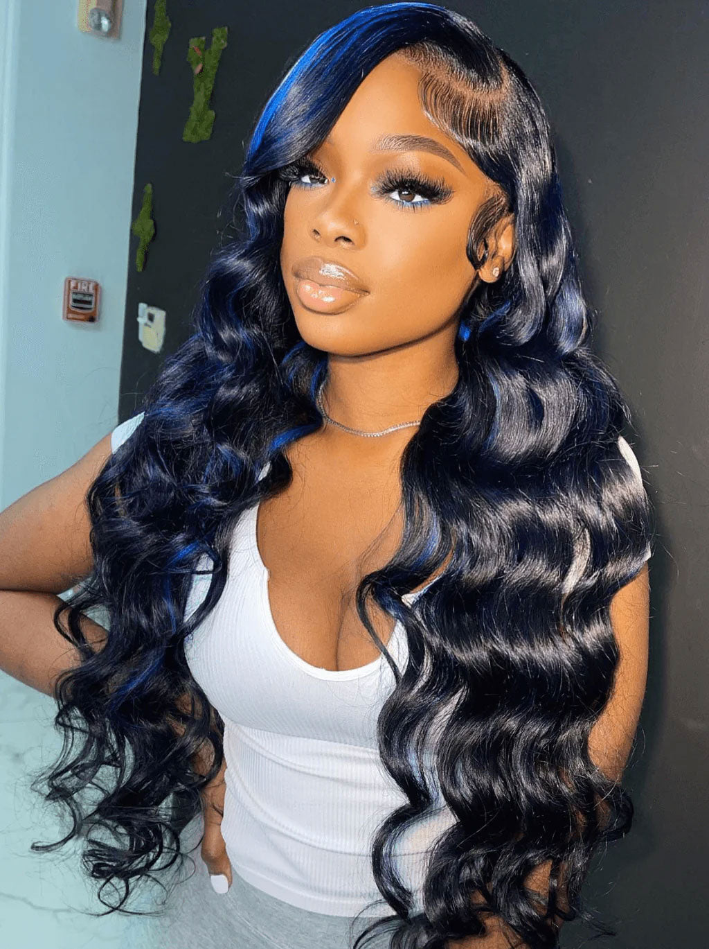 Customized Dark Roots Black Blue Highlight Color Lace Frontal Wig Human Hair