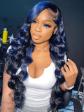 Customized Dark Roots Black Blue Highlight Color Lace Frontal Wig Human Hair