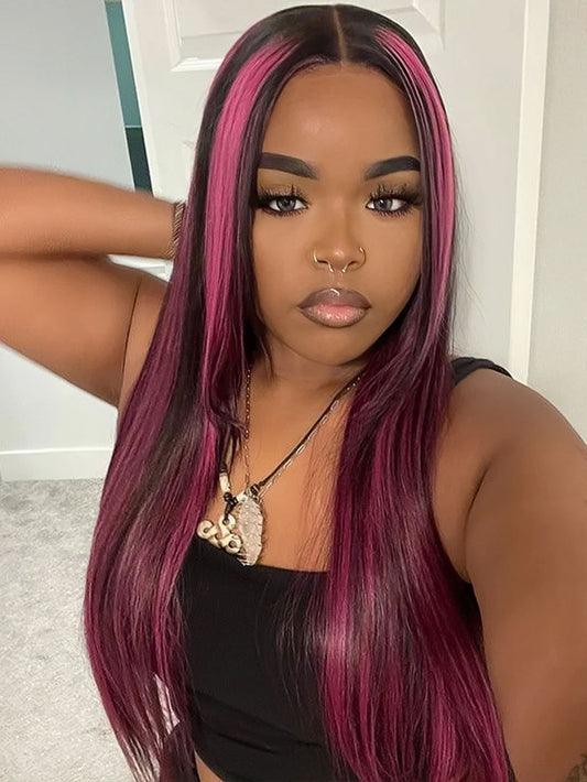 Customized Dark Roots Black Pink Highlight Color Lace Frontal Wig Straight Human Hair