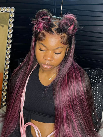 Customized Dark Roots Black Pink Highlight Color Lace Frontal Wig Straight Human Hair