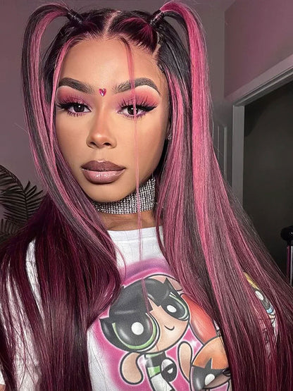 Customized Dark Roots Black Pink Highlight Color Lace Frontal Wig Straight Human Hair