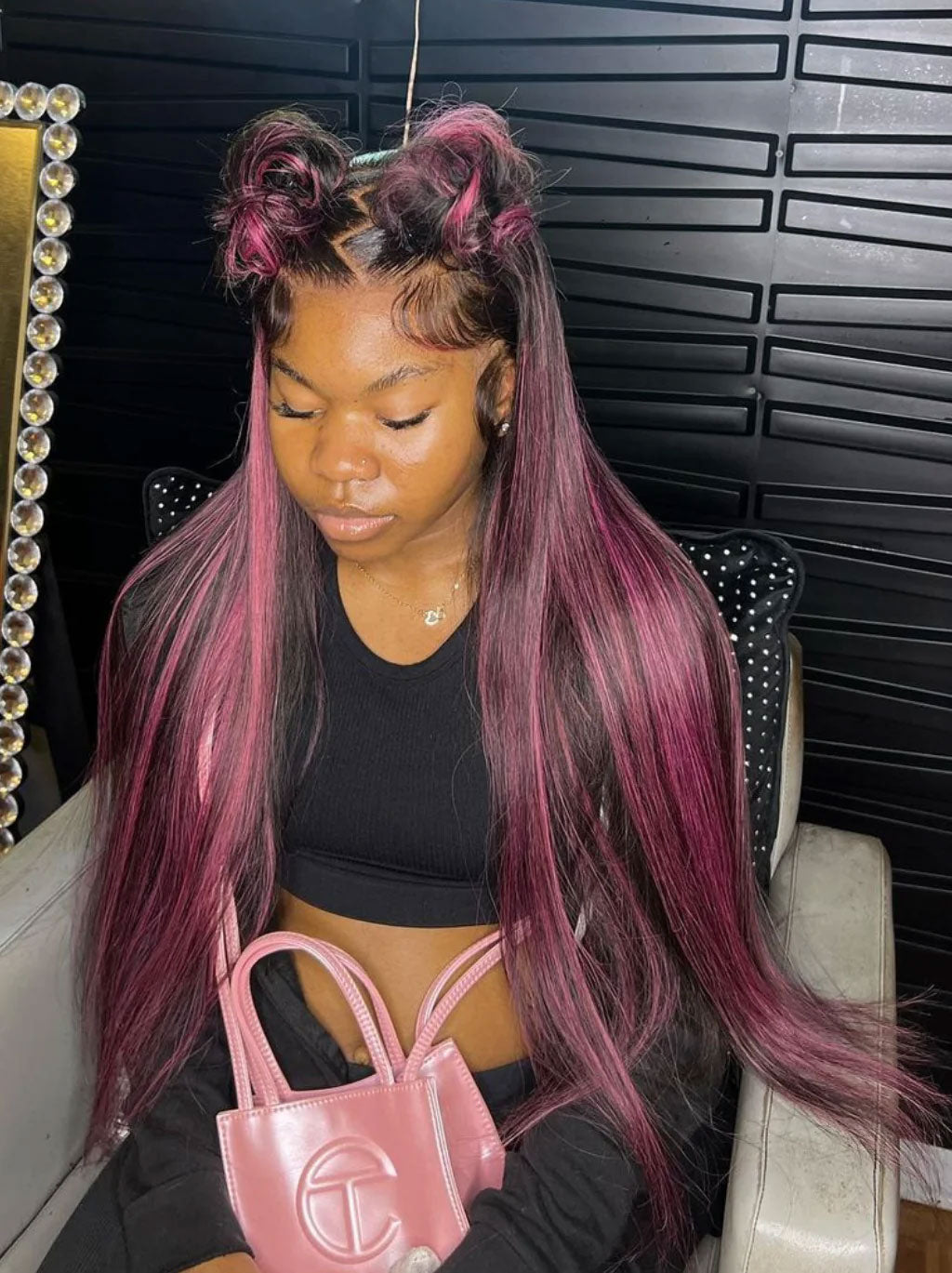 Customized Dark Roots Black Pink Highlight Color Lace Frontal Wig Straight Human Hair