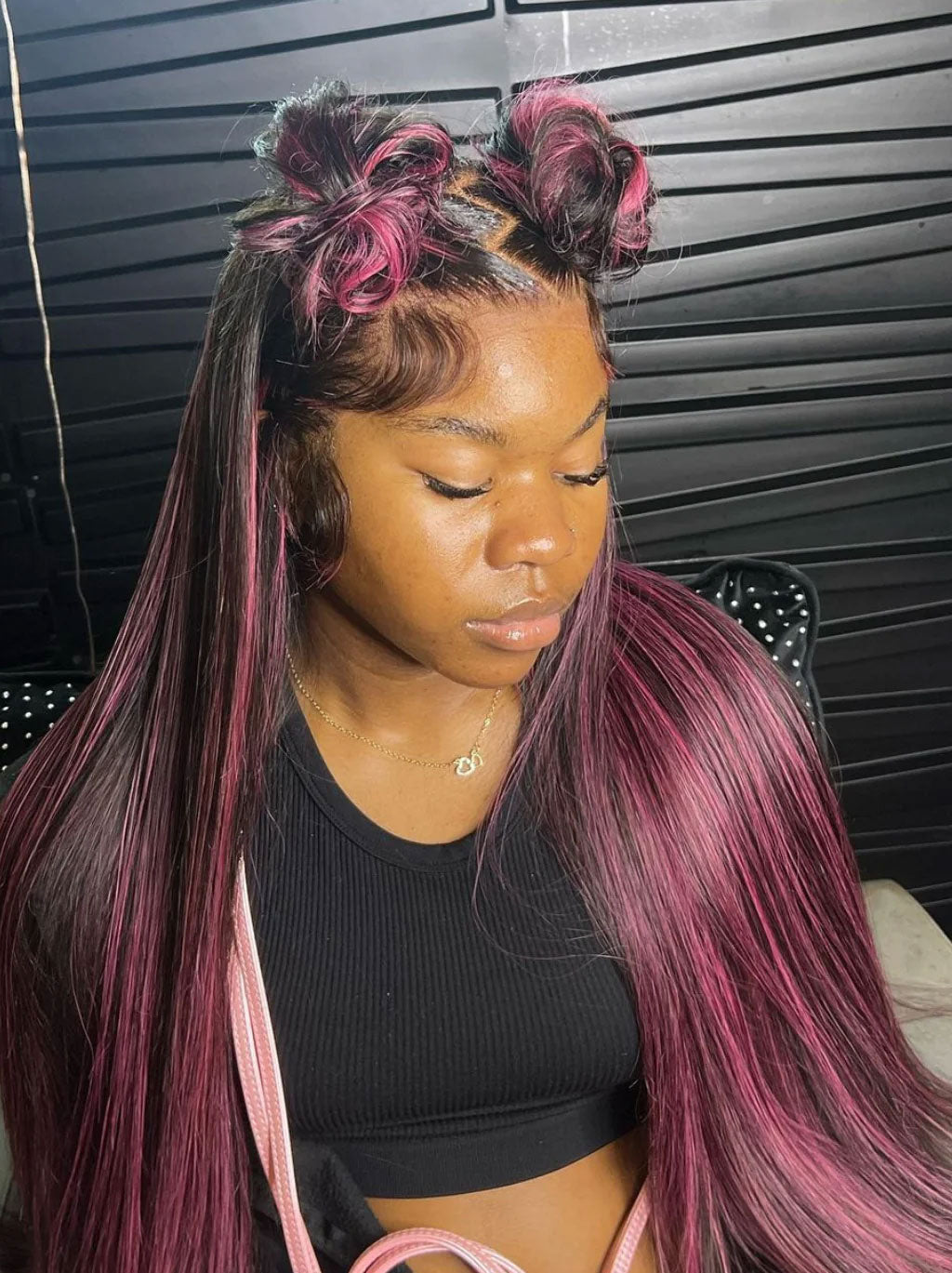 Customized Dark Roots Black Pink Highlight Color Lace Frontal Wig Straight Human Hair
