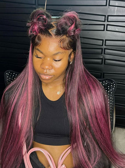 Customized Dark Roots Black Pink Highlight Color Lace Frontal Wig Straight Human Hair