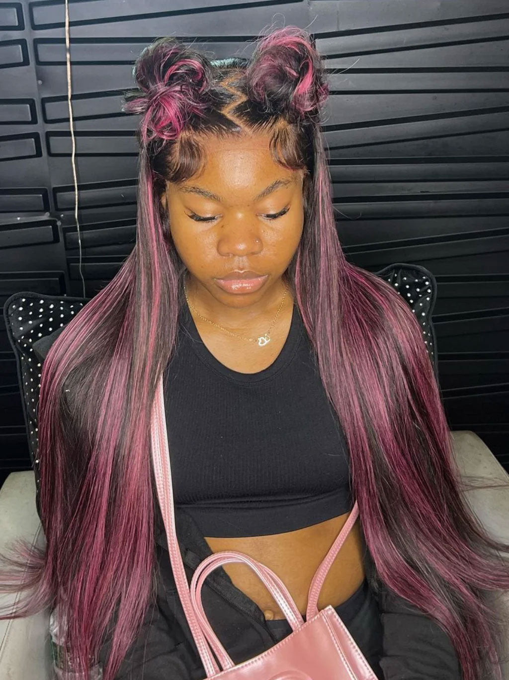 Customized Dark Roots Black Pink Highlight Color Lace Frontal Wig Straight Human Hair