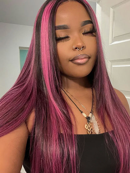 Customized Dark Roots Black Pink Highlight Color Lace Frontal Wig Straight Human Hair