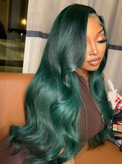 Customized Emerald Green Color Lace Frontal Wig Pre Plucked Human Hair